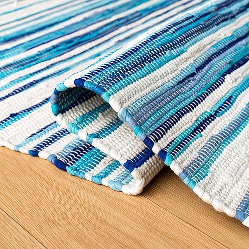 Miniatura 6 de SAFAVIEH Rag Rug Collection - Alfombra de pasillo de 2 pies 3 pulgadas x 8 pies, color marfil y azul, hecha a mano, de algodón a rayas, ideal para