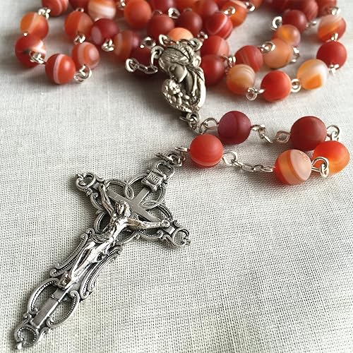 Miniatura 3 de elegantmedical Hecho a mano Tibet ágata roja/cornalina cuentas católicas 5 Décadas Santa María Niño Rosario Collar Cruz Crucifijo y caja de regalo,