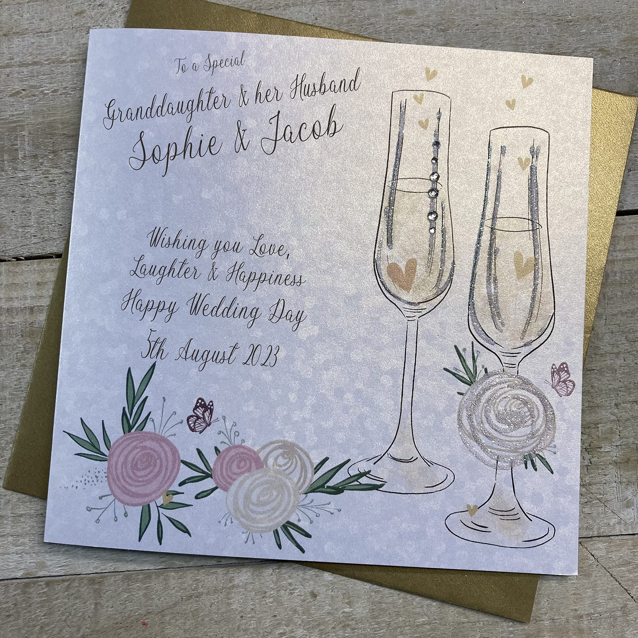 WHITE COTTON CARDS PERSONALISED WEDDING CARD, TO A SPECIAL GRANDDAUGHTER & HUSBAND, FLUTES & FLOWERS DESIGN, HAND FINISHED (X) P23-3-GD
