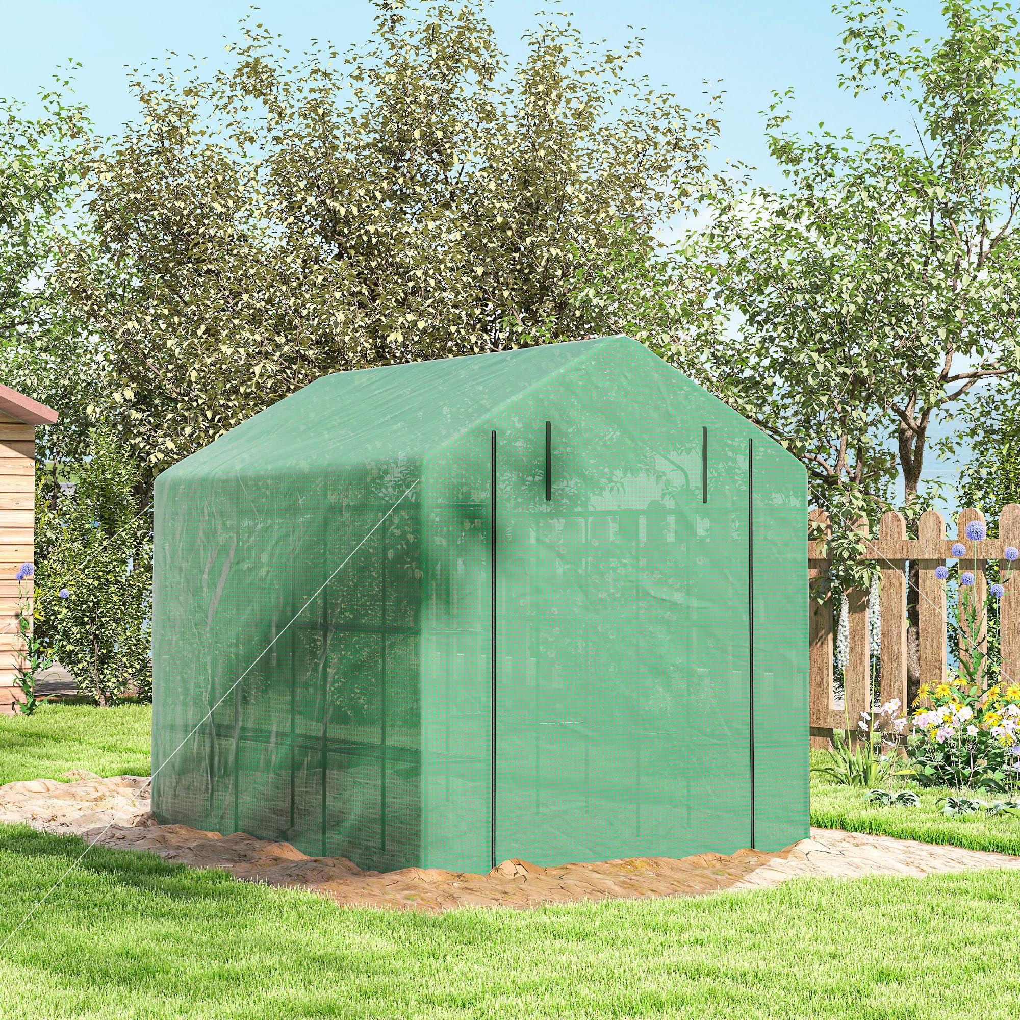 Outsunny Serre de jardin PE avec étagères 4 niveaux, 4,39 m², serre de balcon bâche renforcée 140 g/m², châssis en acier, porte zippée enroulable, pour légumes plantes fleurs, 244 x 180 x 210 cm, vert