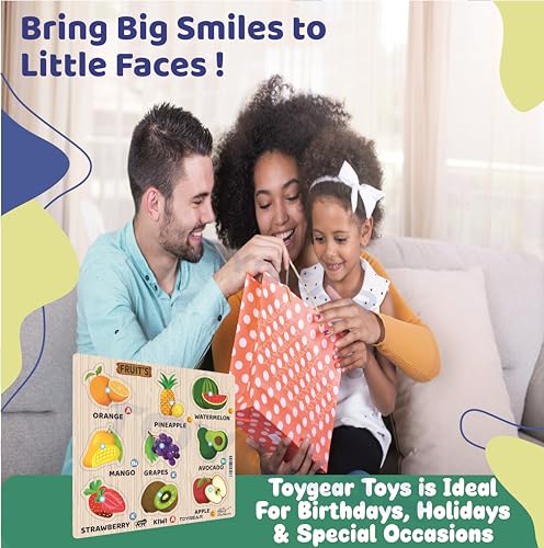 Image of Wooden Fruit & Vegetable Peg Puzzle for Kids | Montessori Educational Puzzle Board with Apple, Mango, Carrot, Tomato & More | Early Learning Toy for Toddlers & Preschoolers (Age 2+)