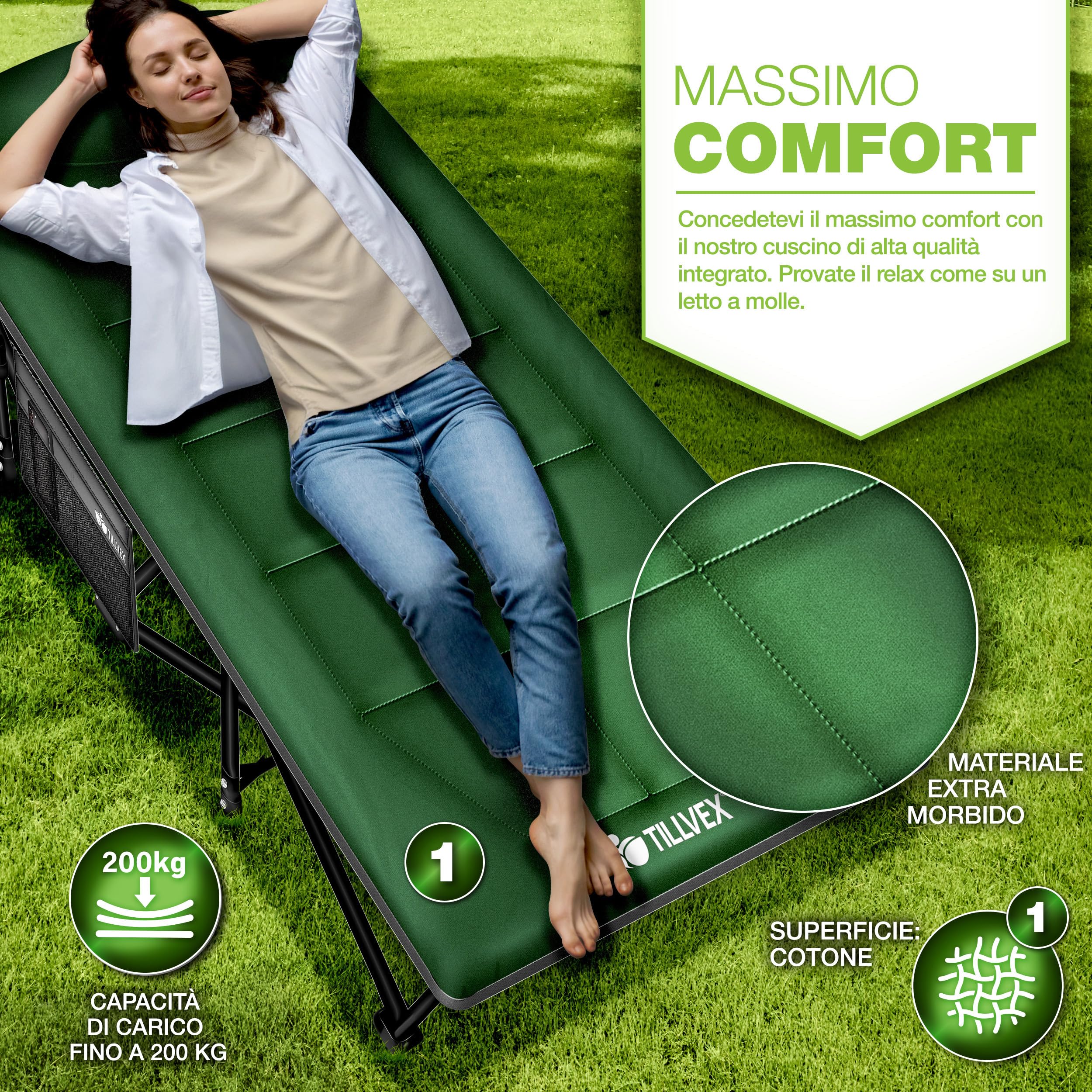 tillvex® Letto da campeggio pieghevole con borsa per il trasporto fino a 200 kg | Lettino da campeggio extra largo | Lettino da campeggio per interni ed esterni | Letto pieghevole per gli ospiti