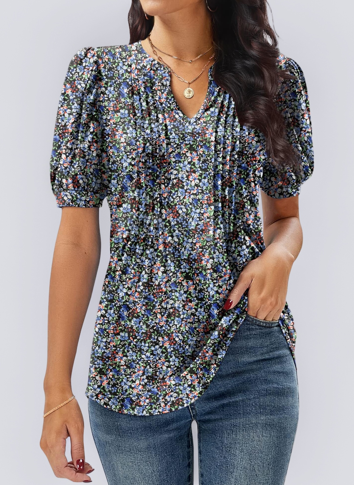 Womens V Neck Tops Puff Short Sleeve T-Shirt Pleated Floral Printed Tunic Blouse Shirts