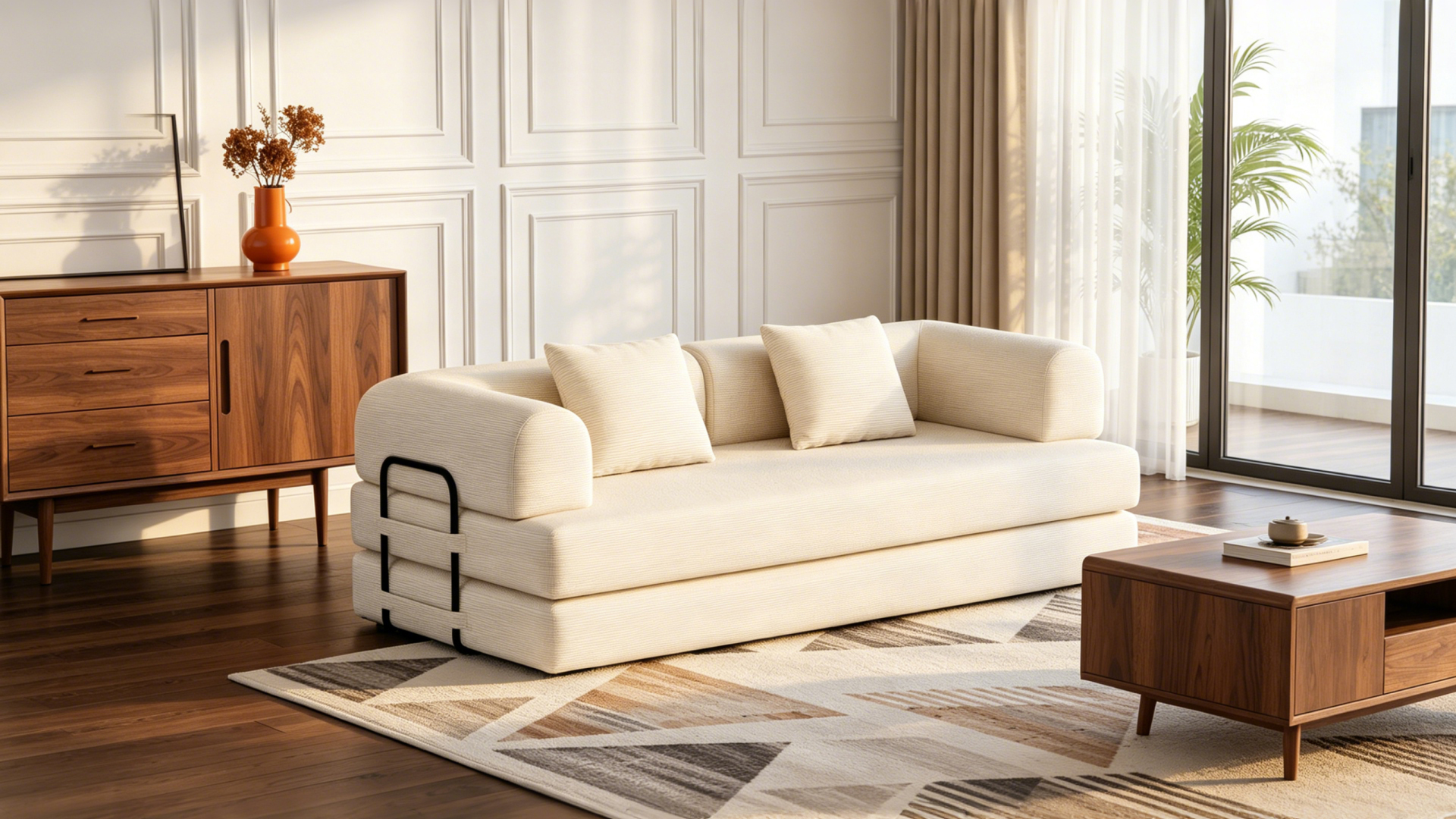 Xbro Schlafsofa 200 cm, 5-in-1 Bodensofa klappbar, Sofa Bett ohne Gestell mit Armlehnen & 2 Kissen, Cord Stoff, wandelbares Klappsofa für Wohnzimmer Schlafzimmer Gästezimmer, 200x100x61 cm, Beige Küche, Haushalt & Wohnen