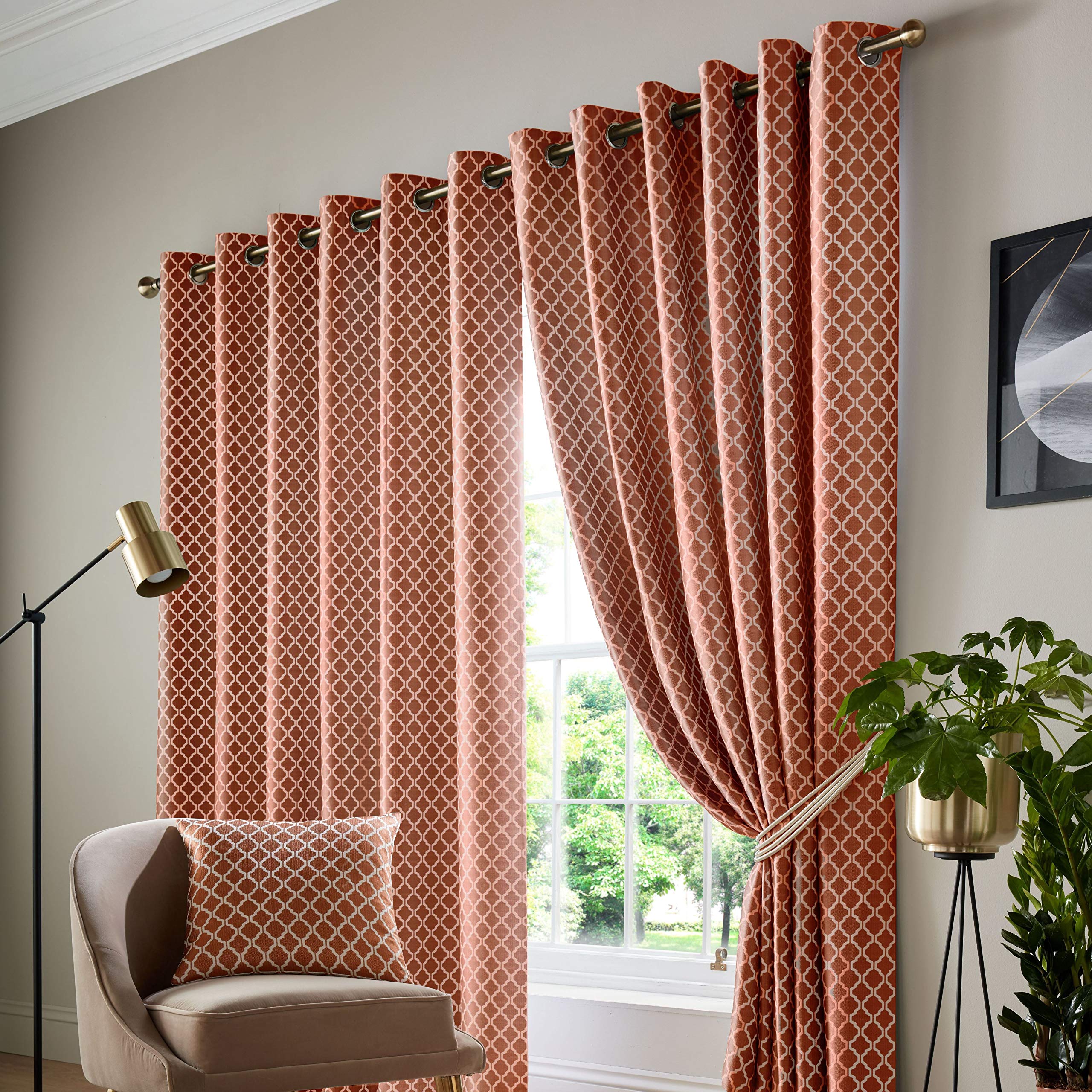 Alan Symonds Cotswold Fully Lined Jacquard Eyelet Ring Top Curtains - Pair (Orange/Terracotta, 90" x 90" (229x229cm))