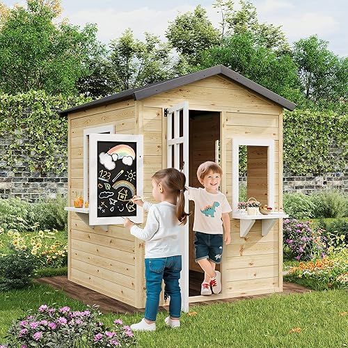 Wooden Playhouse for Kids Outdoor with Chalkboard, Wooden Kids Playhouse Cottage with Windows, Flowerpot Holders and Working Door for Outdoor Imaginative Play, 44.9''x45.7''x55.5'', Natural