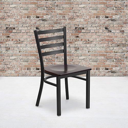Miniatura 2 de Flash Furniture HERCULES Series - Silla de restaurante de metal con respaldo de escalera negra, 2 unidades, asiento de madera de nogal