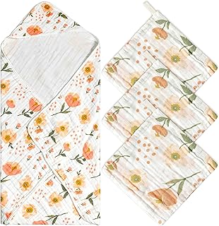 Zainpe 4Pcs Muslin Baby Hooded Towel & Washcloth Set, Flowers Soft Absorbent Cotton Bath Hand Towels Infant Shower Gifts for Newborn Toddler Boys Girls Feeding Teething Sleeping 31.5 X 31.5 in