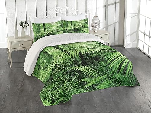 Ambesonne Colcha de selva tropical, palmeras y plantas exóticas en selva tropical, ilustración temática de naturaleza salvaje, juego de colcha