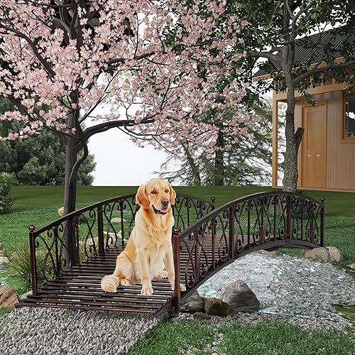 Kinlife - Puente de jardín de arco de metal de 8 pies Puente de estanque para exteriores con rieles laterales de seguridad, pasarela decorativa