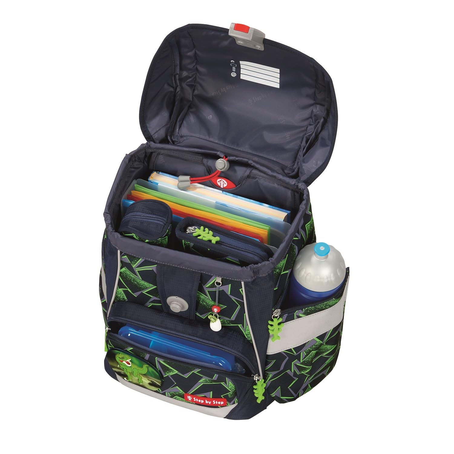 Step by Step Schulranzen-Set 2IN1 Plus „Wild T-Rex Taro“ 7-teilig, inkl. Edelstahl Isolierflasche, höhenverstellbar mit Hüftgurt, für die Grundschule, ab der 1. Klasse, 19L, grün-schwarz, Dino-Design