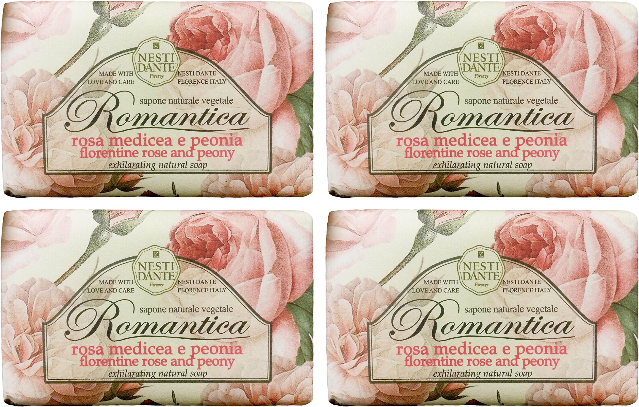 "Rosa Medicea e Peonia" Exhilarating Natural Soap,"Romantica" Line - 5.3 Ounces (150g) Packages (Pack of 4) [ Italian Import ]