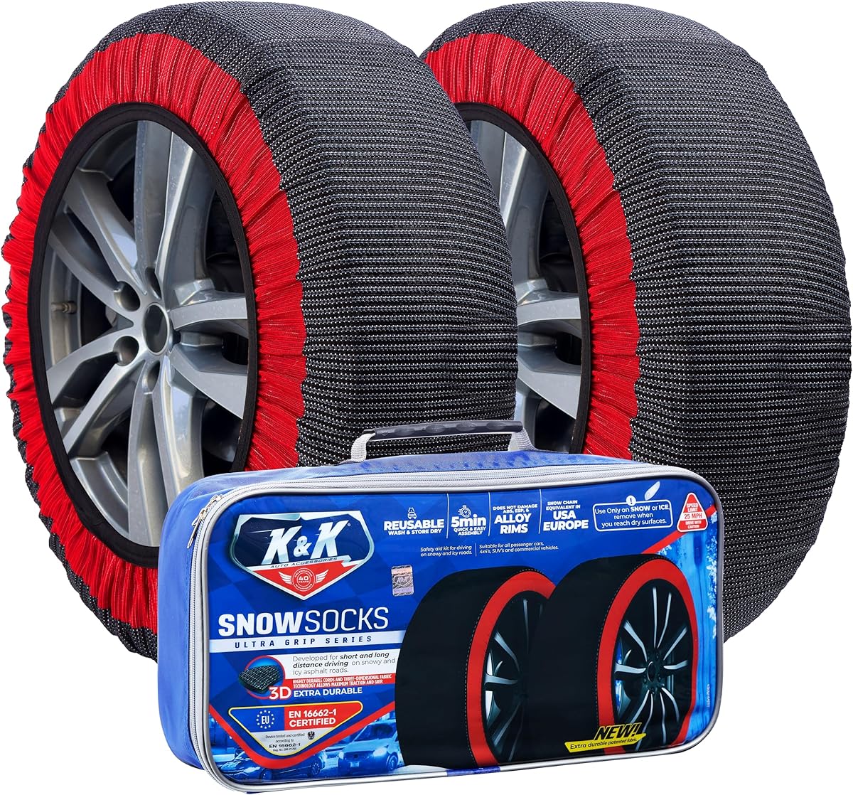 K&K Auto Snow Socks for Tires – Pro Series for Ultimate Grip Approved Snow Chain Alternative Traction Device – Tire Sock for Car SUV Sedan Coupe – Winter Travel Accessory Emergency Kit – Large (2pcs)