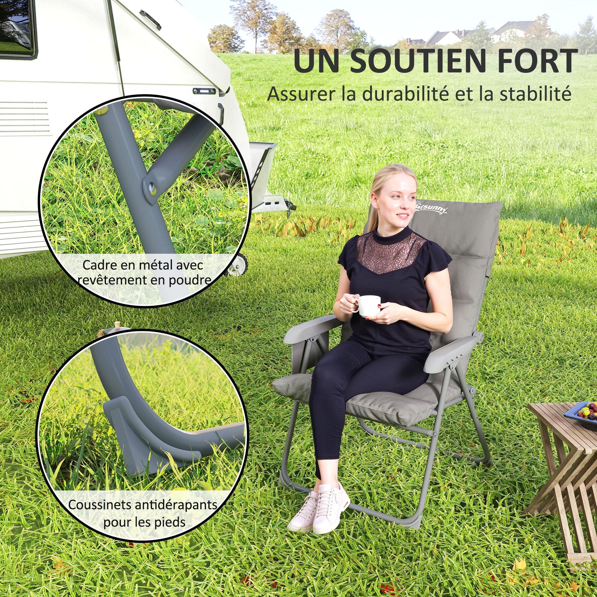 Outsunny Chaise Pliante Camping, Chaise de pêche avec siège rembourré, Dossier Haut réglable et Poches latérales, Fauteuil Pliant pour randonnée, pêche, Plage et Pique-Nique, Gris
