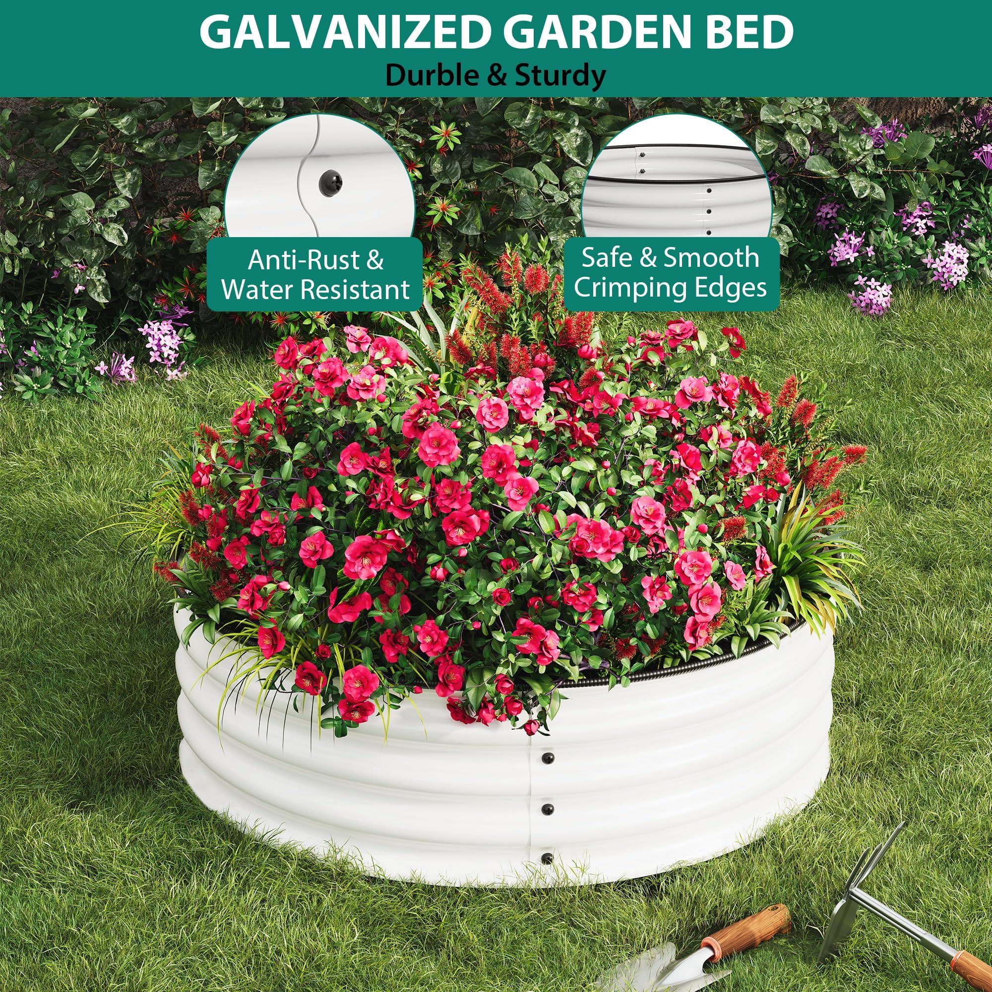 Garvee 3pcs Bac De Culture Surélevé Rond en Métal Galvanisé, Antirouille Et Anticorrosion, Bord Sécurisé en Caoutchouc, Idéal pour Légumes, Fruits Et Fleurs sur Balcon