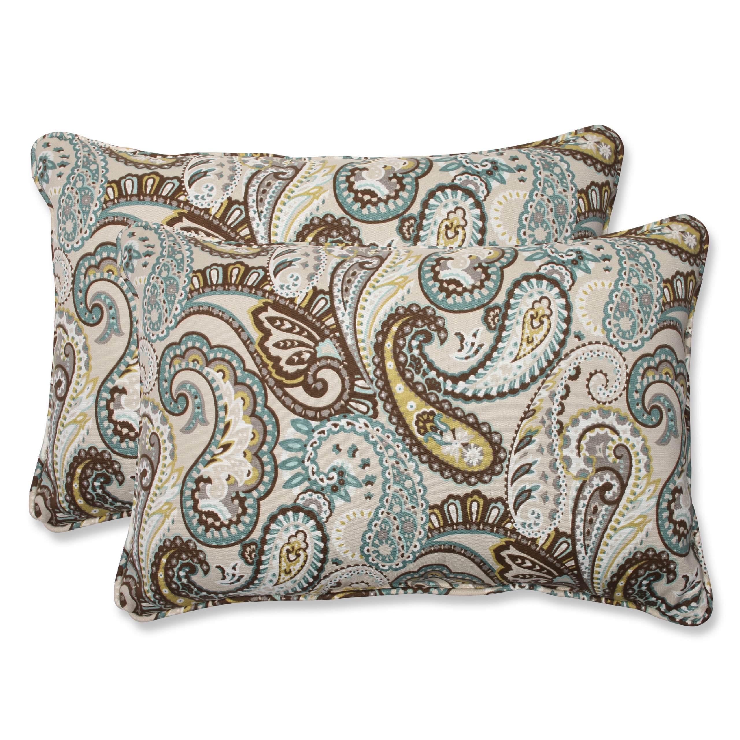 Pillow Perfect Paisley Indoor/Outdoor Accent Throw Pillow, Plush Fill, Weather, and Fade Resistant, Large Lumbar - 16.5" x 24.5", Blue/Brown Tamara Quartz, 2 Count