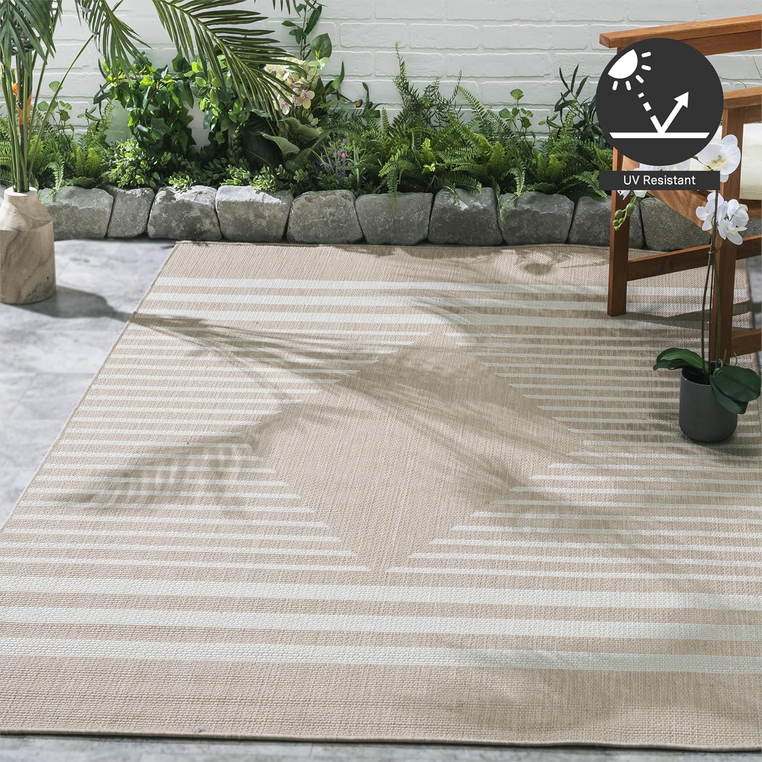 FH Home Flat Woven Outdoor Rug - Waterproof, Easy to Clean, Stain Resistant - Premium Polypropylene Yarn - Modern Geometric Kilim - Patio, Deck, Porch, Balcony - Mesa - Beige - 2ft 7in x 4ft 11in