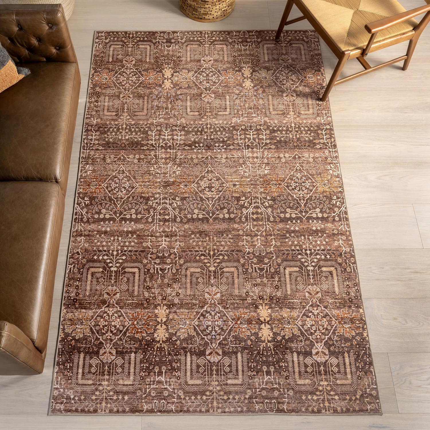 Nuloom Splashguard Feliciti Brown/Dark Brown, 2'6"x8', Vintage, Soft and Cozy, High Traffic, Stain Resistant, Easy Clean, Durable, Machine Washable Runner for Bedroom, Living Room, Dining, Den, Foyer