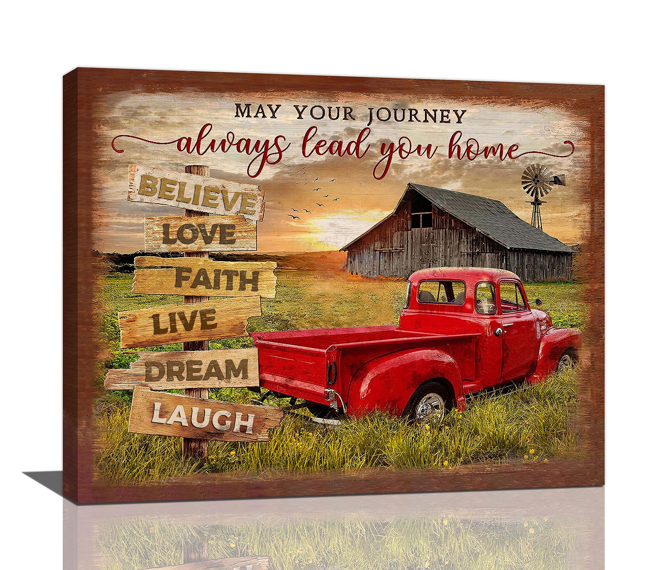 Dollffey Farmhouse Red Truck Wall Art Country Old Barn Windmill Pictures Wall Decor Canvas Prints Framed Modern Farm Car Sunset Painting Artwork For Kitchen Bathroom Dining Room Office 20"X16"