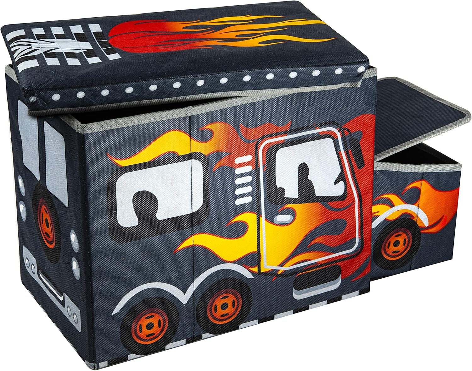 KAP Toy box for boys, Junior size, interactive Light up LED Toy chest, Children's Decorative Racing Truck Storage Bin, Toy Storage, Foldable Storage/Toy Box, Pop up Organizer, (Racing Collection)
