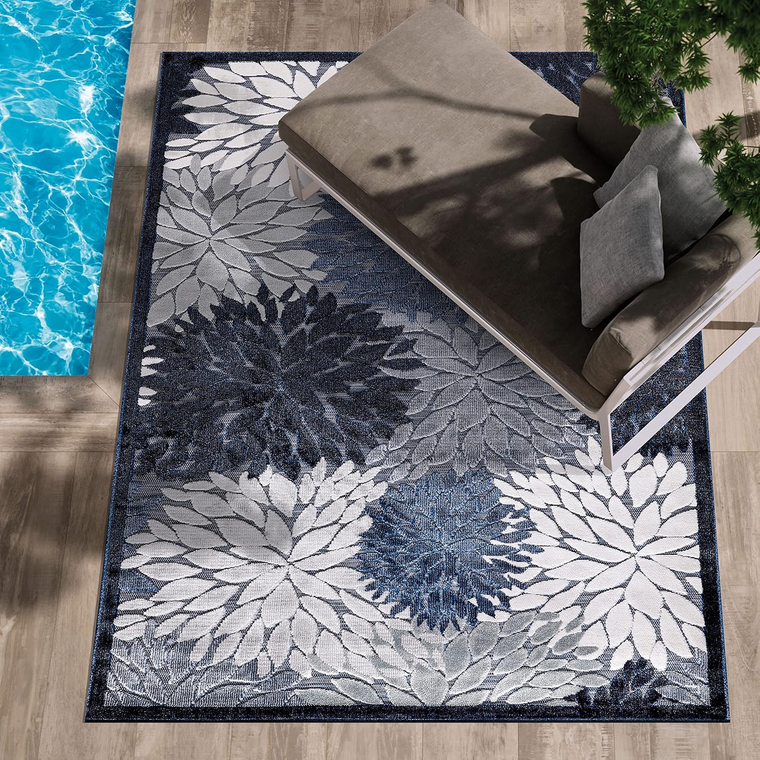 CAMILSON Indoor/Outdoor Rug Navy Blue 10’x14’ Floral Exotic