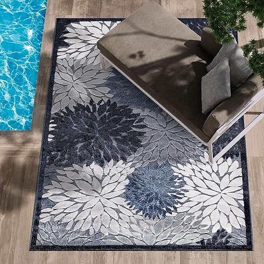 CAMILSON Indoor/Outdoor Rug Navy Blue 10’x14’ Floral Exotic