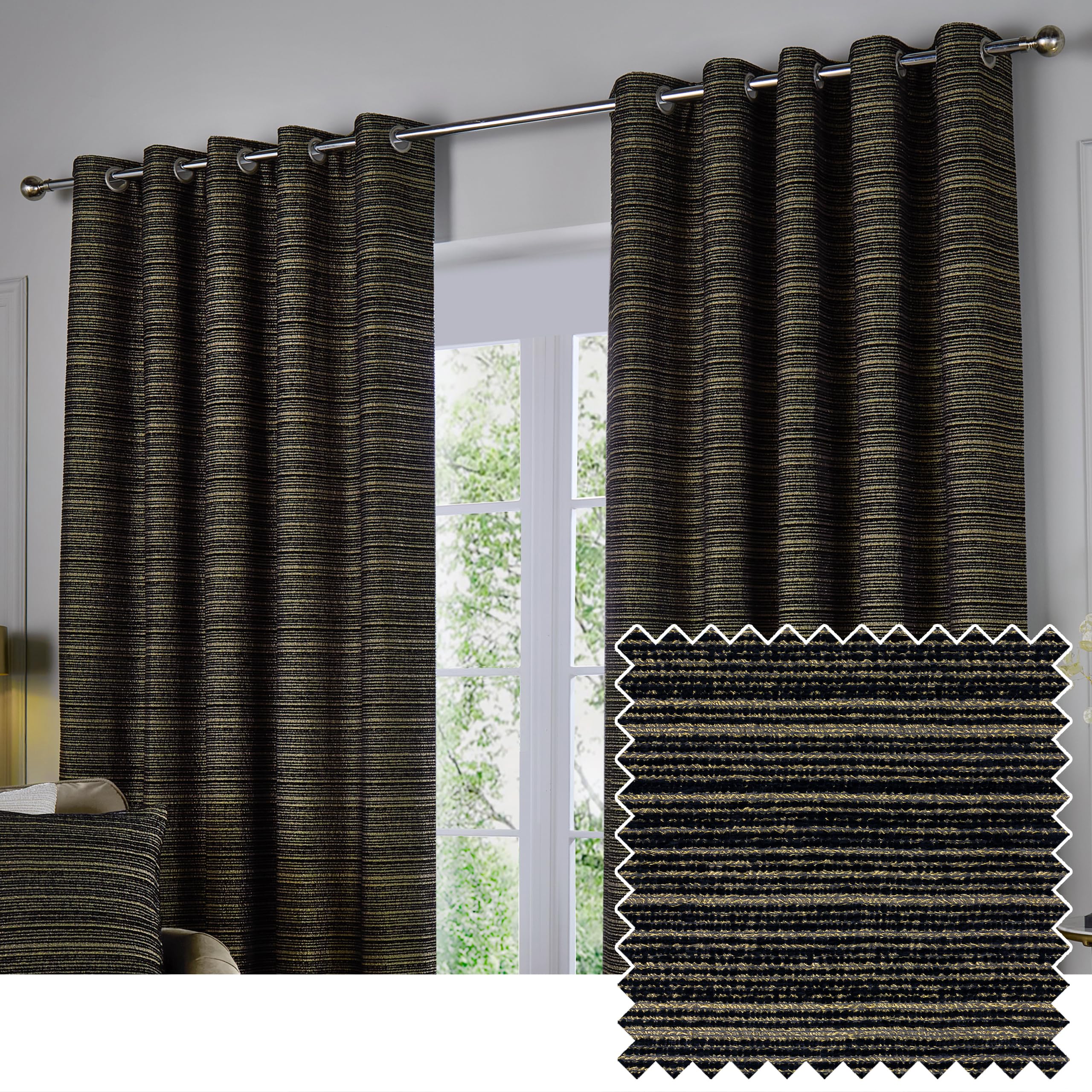 Paoletti Black Jupiter Chenille Jacquard Eyelet Curtain Pair In | : 229Cm Width X 183Cm Drop