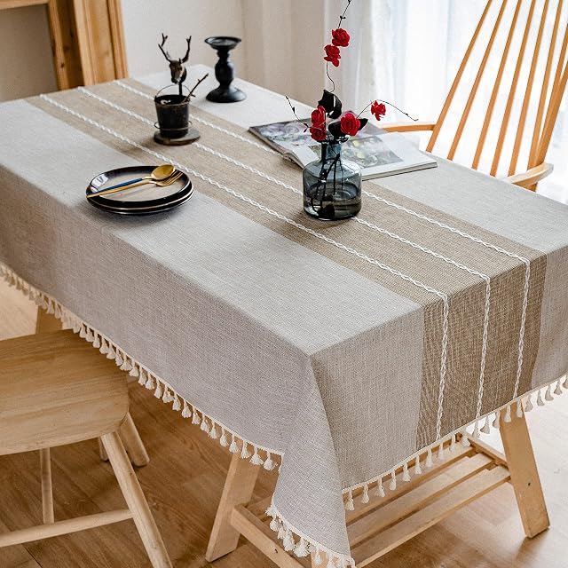 Tenwe Rectangular Tablecloth Cotton Linen, 140×180cm Washable Table Cloth with Tassel Great for Rectangle Oblong Table, Kitchen, Dining, Tabletop Decoration (55 x 71 inch, 4-6 seats, Brown)