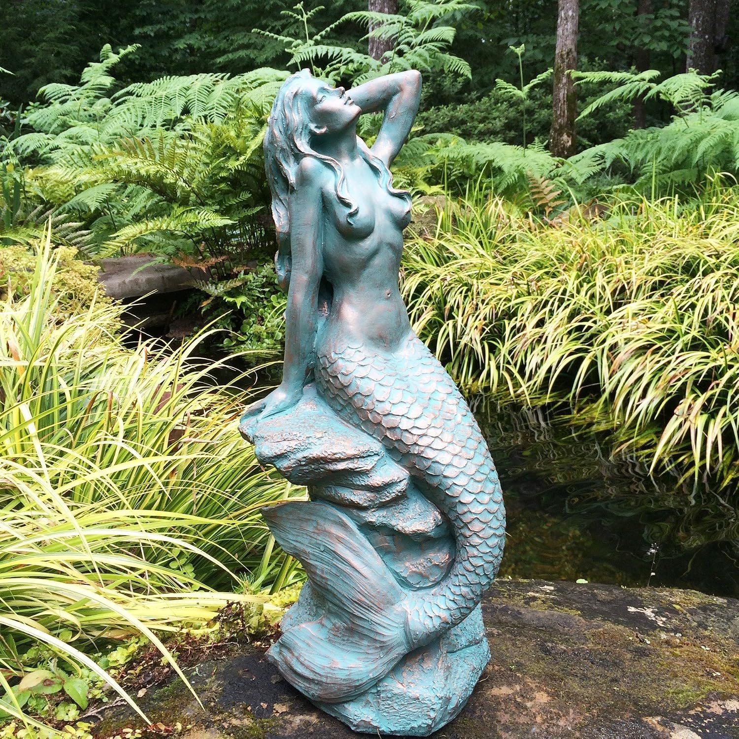 homestyles 28 in. Giant Sexy Mermaid Sitting on Coastal Rock Beach Nautical Garden Statue in Bronze Patina Finish Pool Patio Lawn Statue