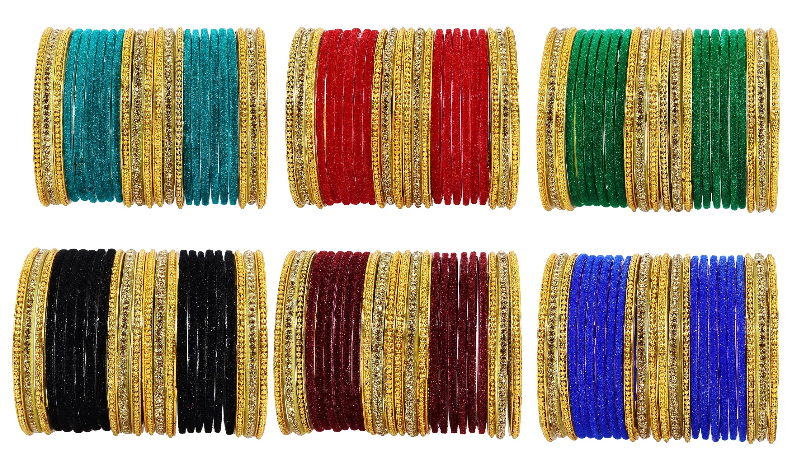 NMII Stylish Multicolour Glass Bangles Set For Women's & Girls Studded Golden Zircon Gemstone, Ballchain and Velvet Bang
