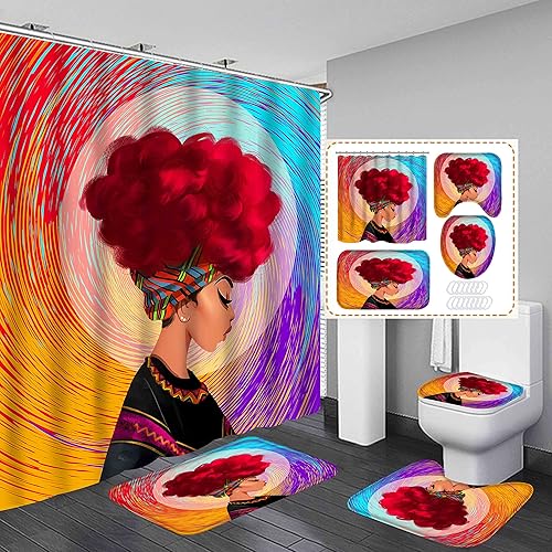 Cortinas de ducha afroamericanas para baño, juegos de baño de niña negra con cortina de ducha y alfombras y accesorios, 4 juegos coloridos de