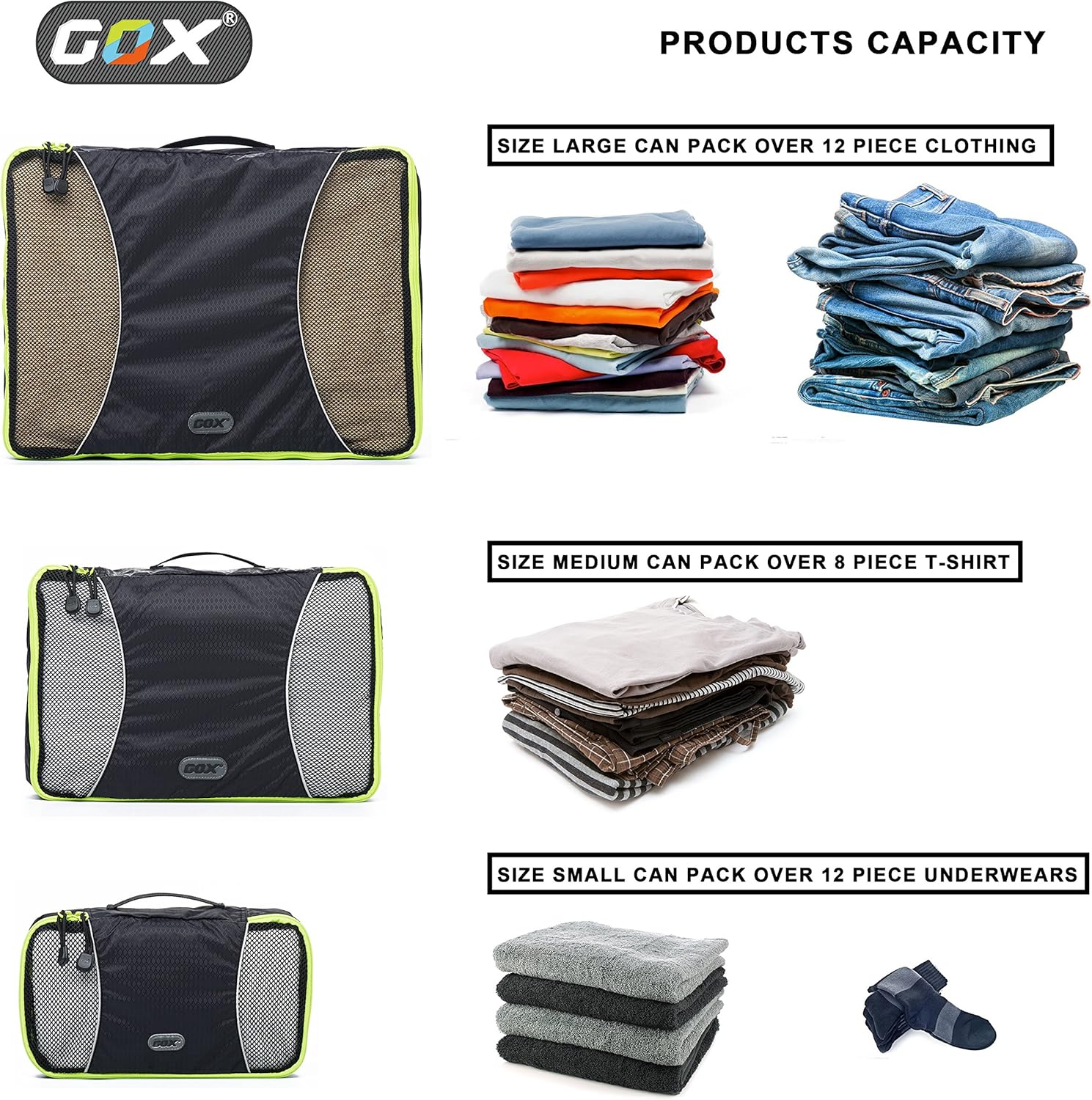 GOX Ultra Light 5 piece Packing Cubes Travel Luggage Organizer 1 Large 2 Medium 2 Small