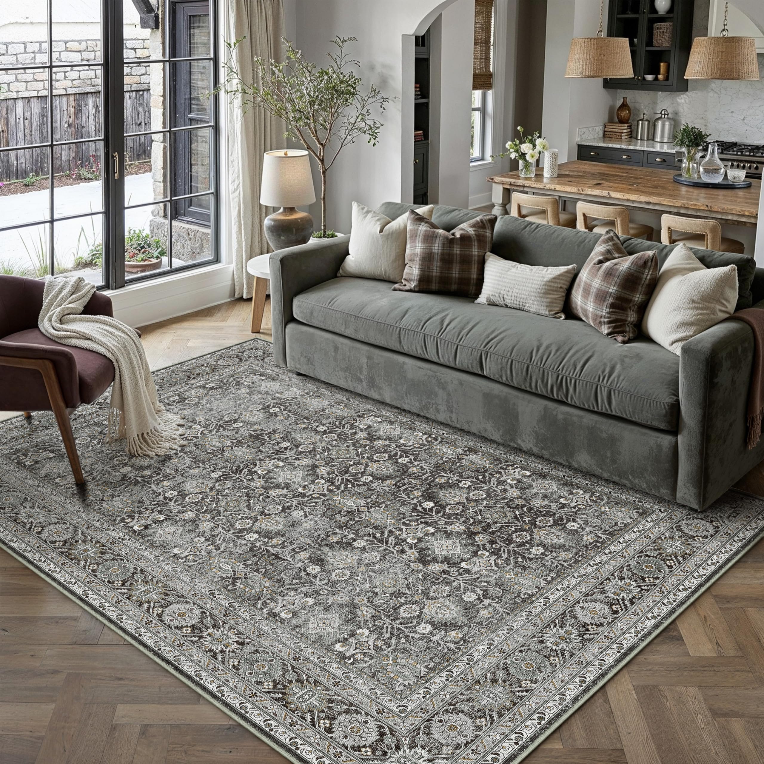 PureCozy Vintage Area Rug 5x7 Black Washable Living Room Large Carpet Non Slip Bedroom Indoor Office Low Pile Traditional Distressed Retro Accent Rug for Dining Room Bathroom Kitchen