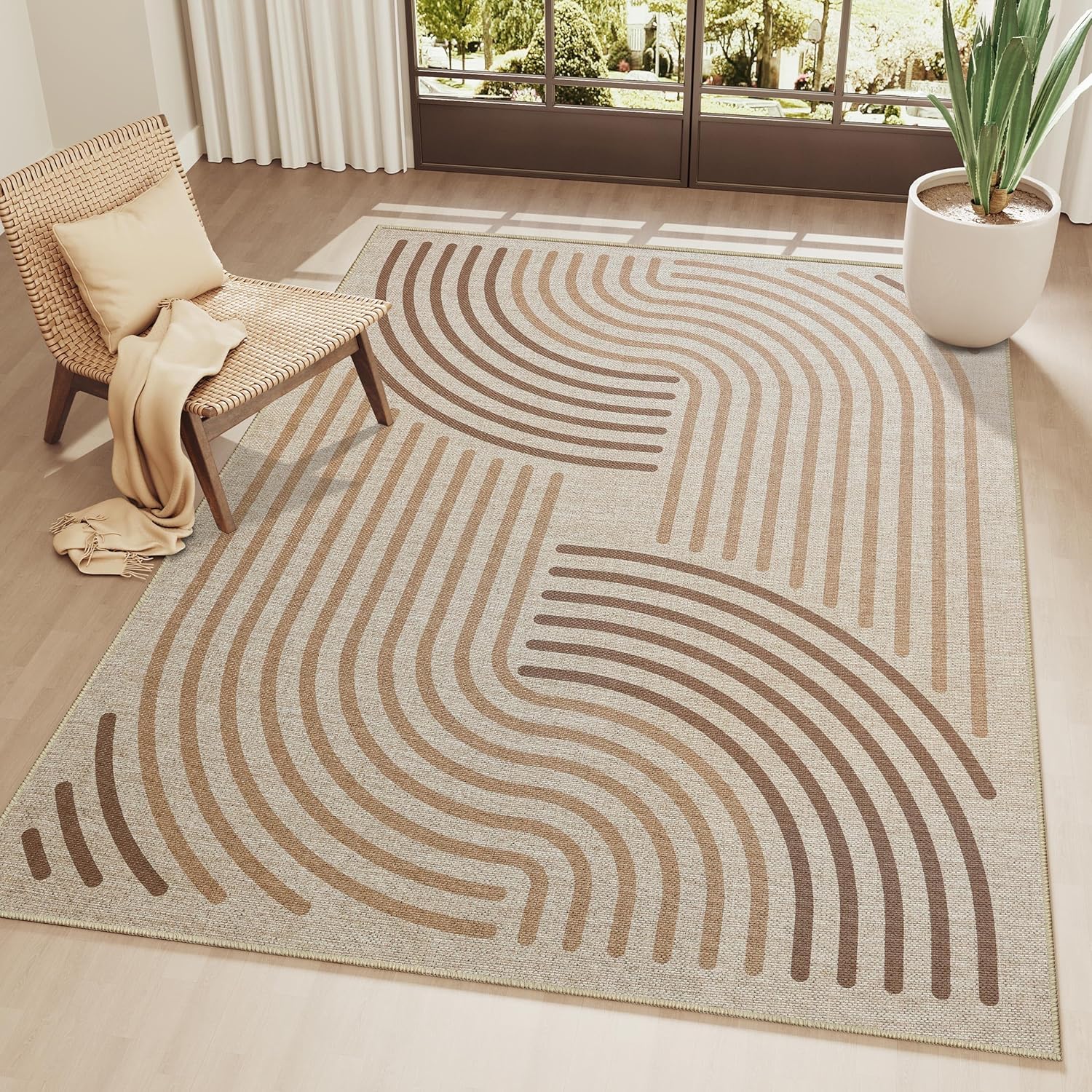 Easy Jute Area Rug - 6x9 Machine Washable Boho Low Pile Carpet for Living Room Bedroom Patio, Natural
