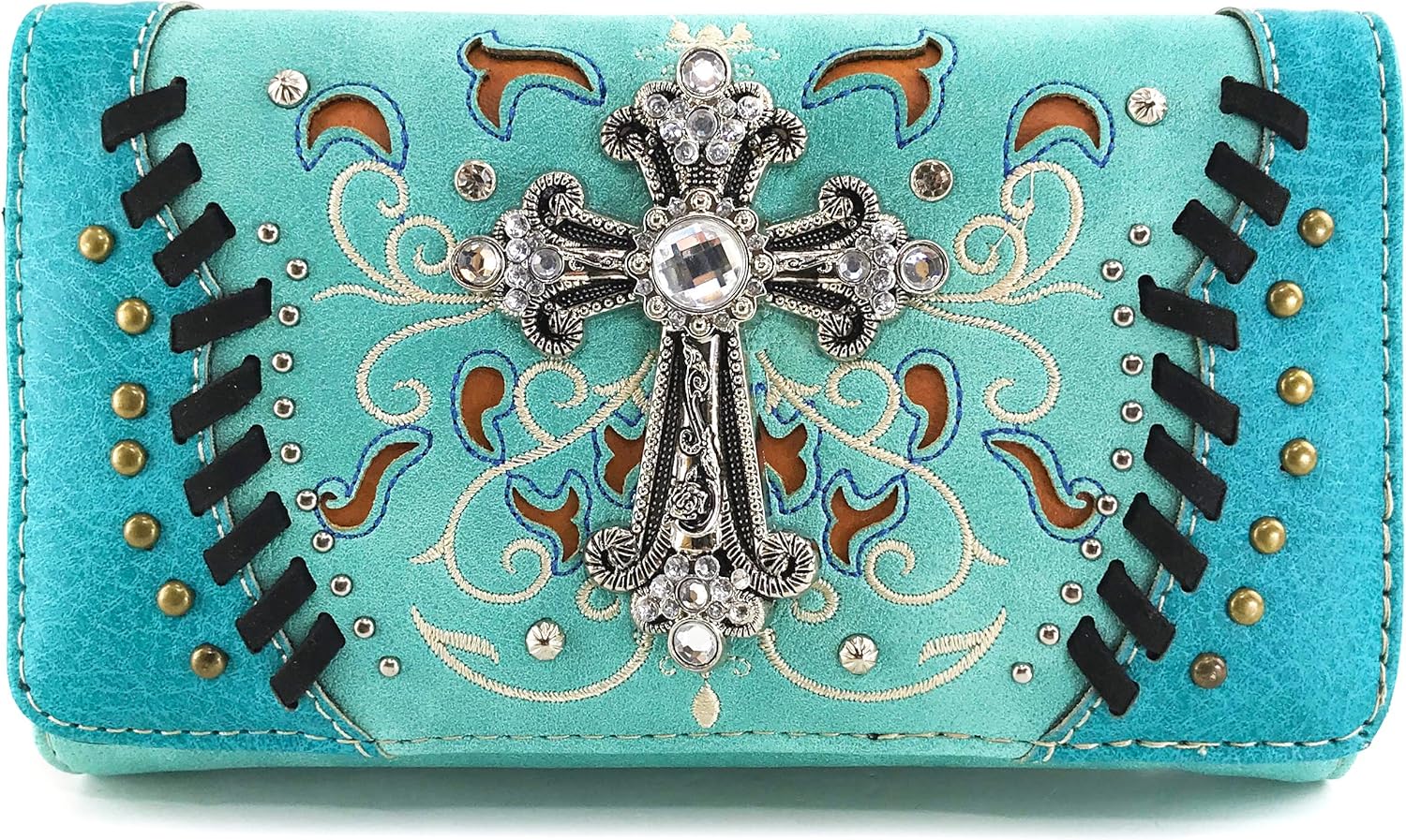 Justin West Cross Floral Embroidered Studded CCW Concealed Carry Shoulder Purse Handbag Wallet