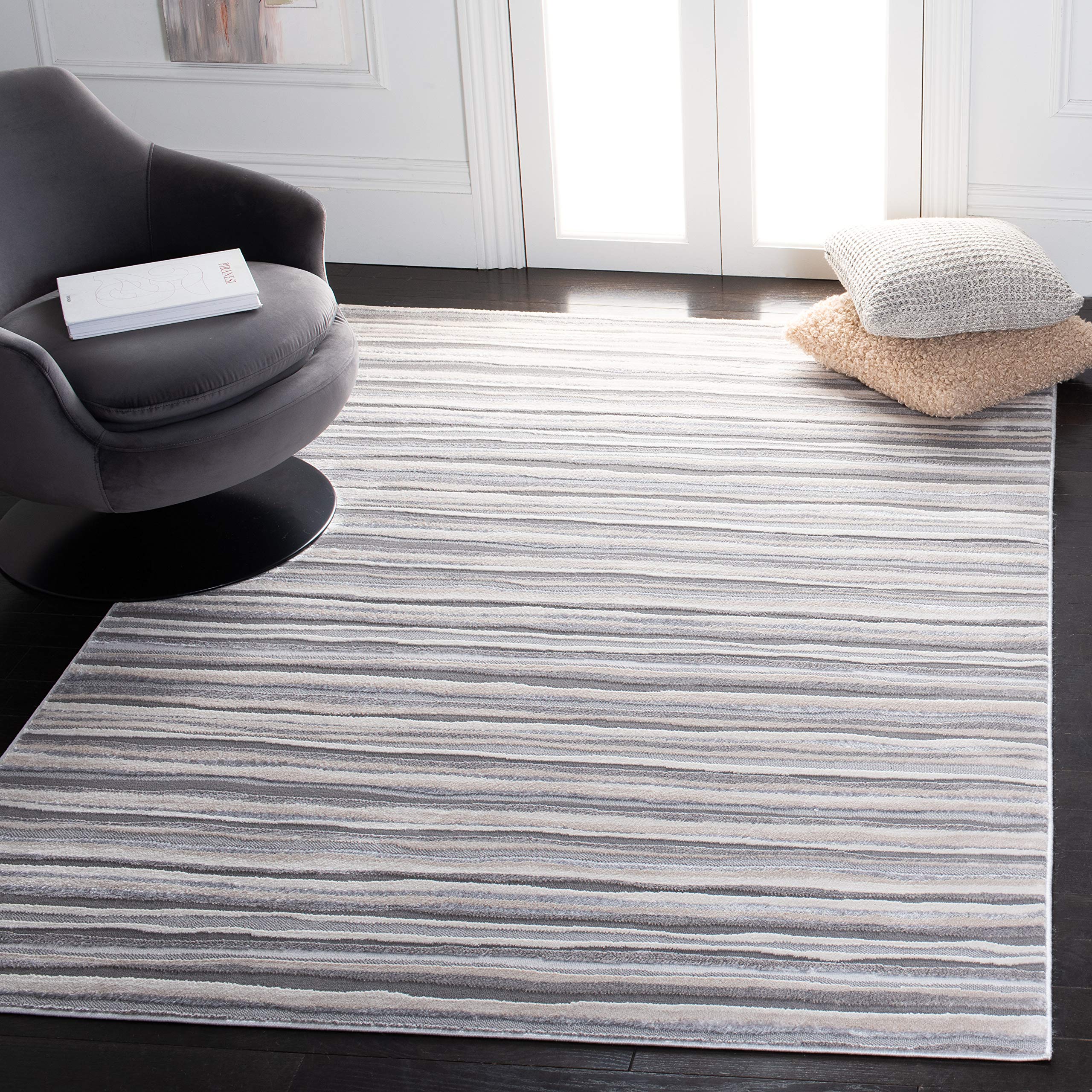 SAFAVIEH Lagoon Collection Area Rug - 5'5" x 7'7", Ivory & Grey, Modern Stripe Design, Non-Shedding & Easy Care, Ideal for High Traffic Areas in
