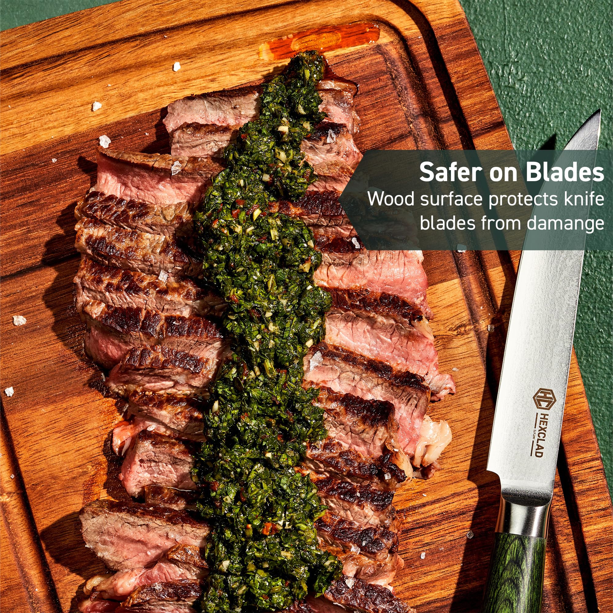 HexClad Cookware Lot de 4 assiettes à steak carrées en bois Bistecca avec canal à jus pour viandes, faciles à nettoyer, légères et durables