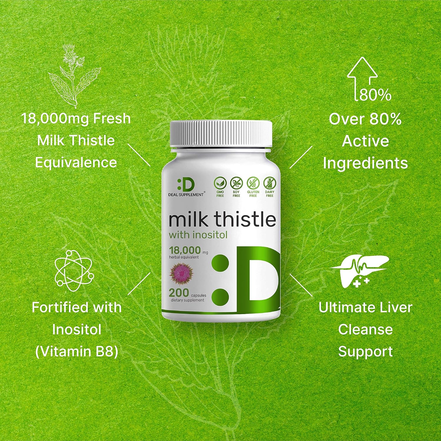 Milk Thistle Capsules - Milk Thistle Extract with Inositol, 2-1 Formula, 200 Capsules, Milk Thistle 300mg, 60:1 Equivalent to 18,000mg Silymarin Marianum, Support Liver Cleanse & Detox