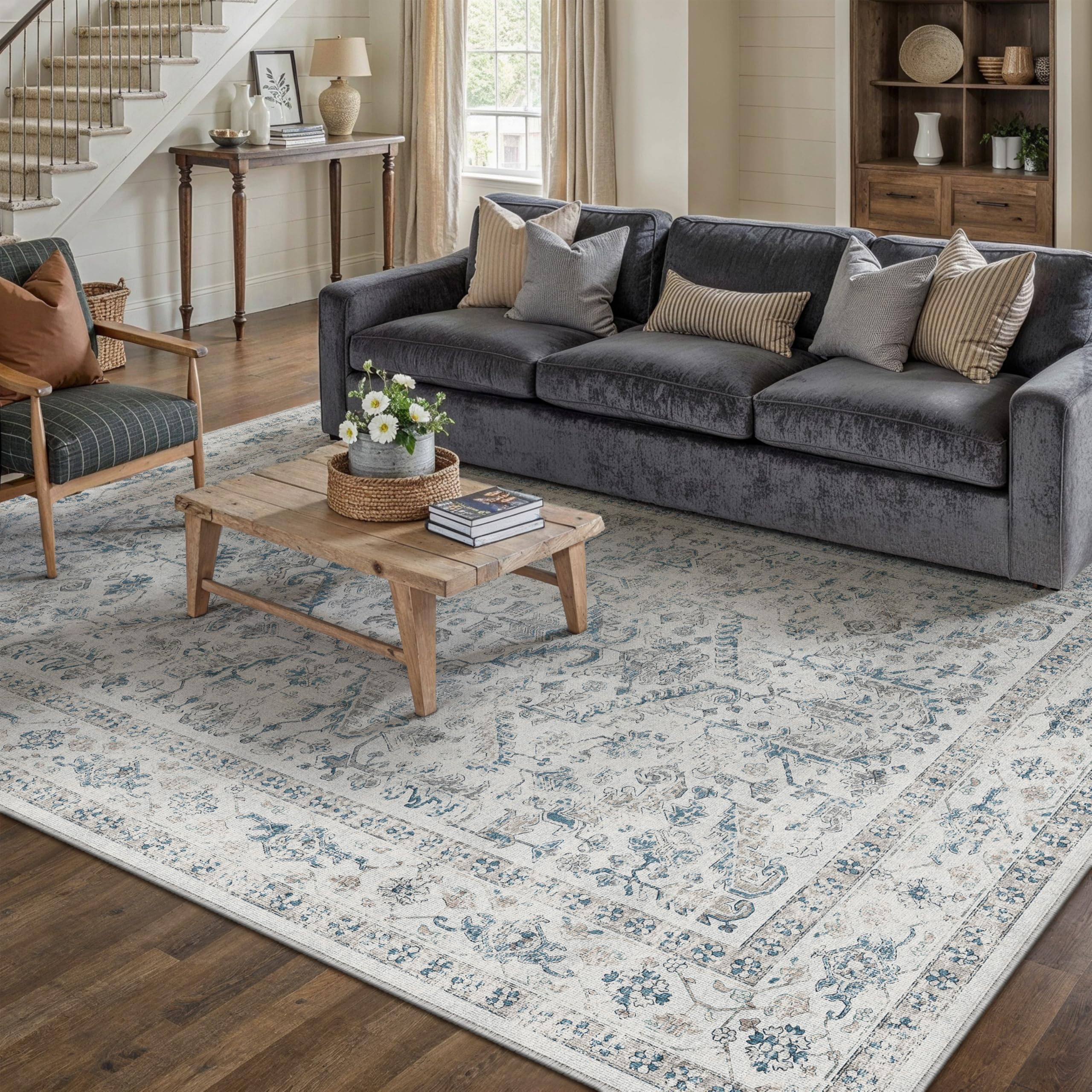PureCozy Vintage Washable Blue Rugs Living Room Area Rug 140x200cm Bedroom Large Non Slip Soft Carpet Kitchen Bedroom Dining Room Office Indoor Low Pile Carpets