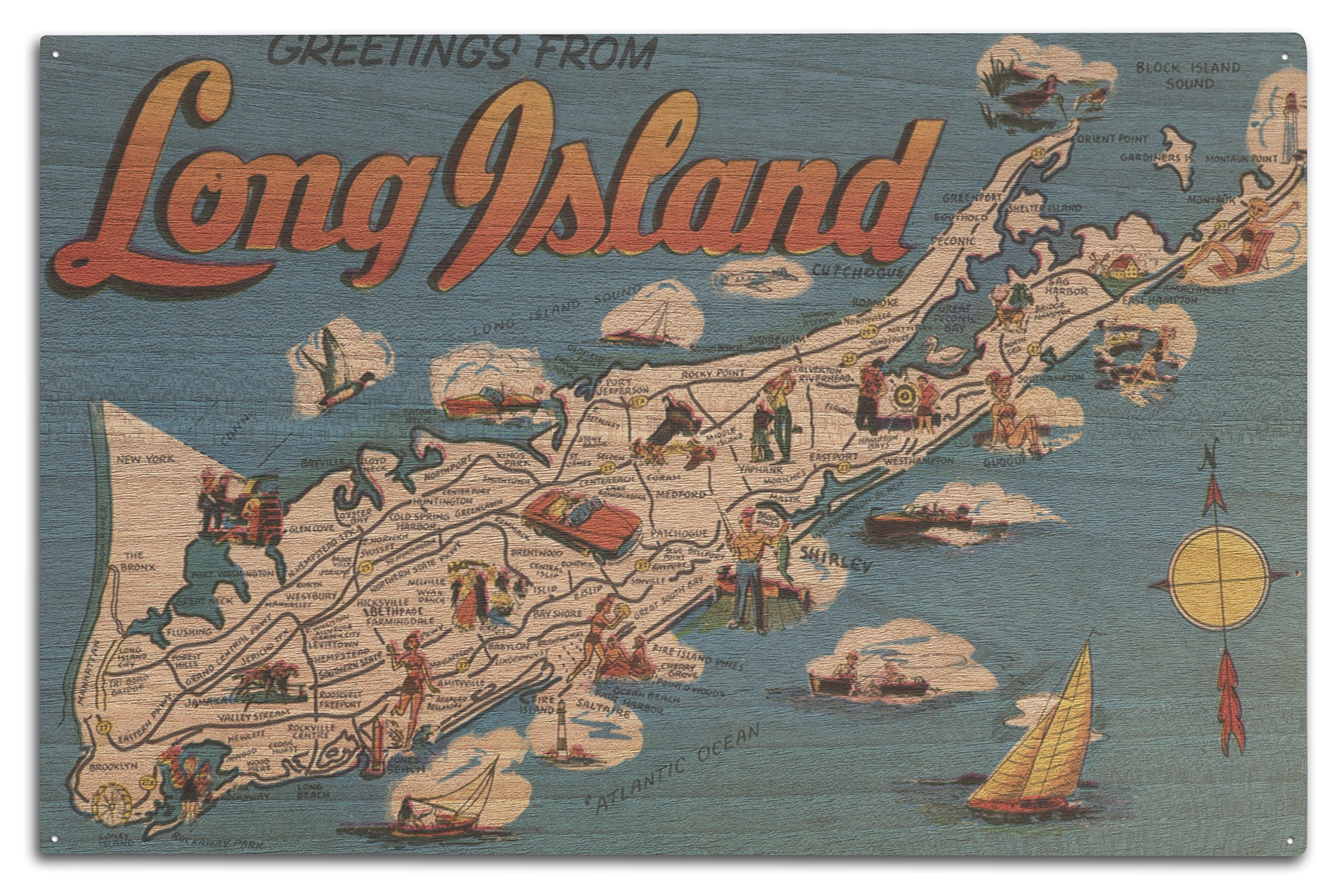 Greetings From Long Island, New York View, Vintage Halftone Birch Wood Wall Sign (10x15 Rustic Home Decor, Ready to Hang Art)