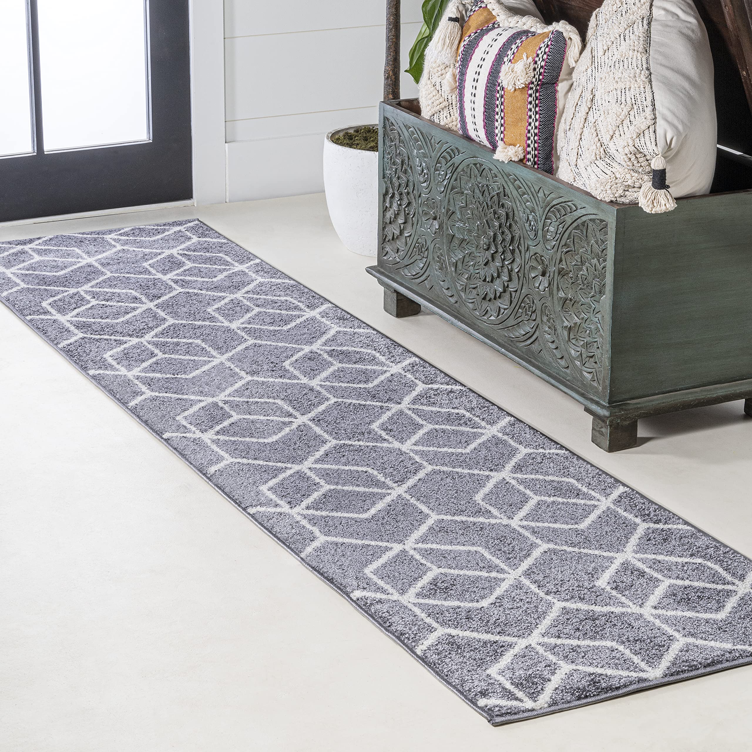 JONATHAN Y SEU101F-28 Tumbling Blocks Modern Geometric Indoor Area -Rug Contemporary Casual Easy -Cleaning Bedroom Kitchen Living Room Non Shedding, 2 X 8, Gray/White
