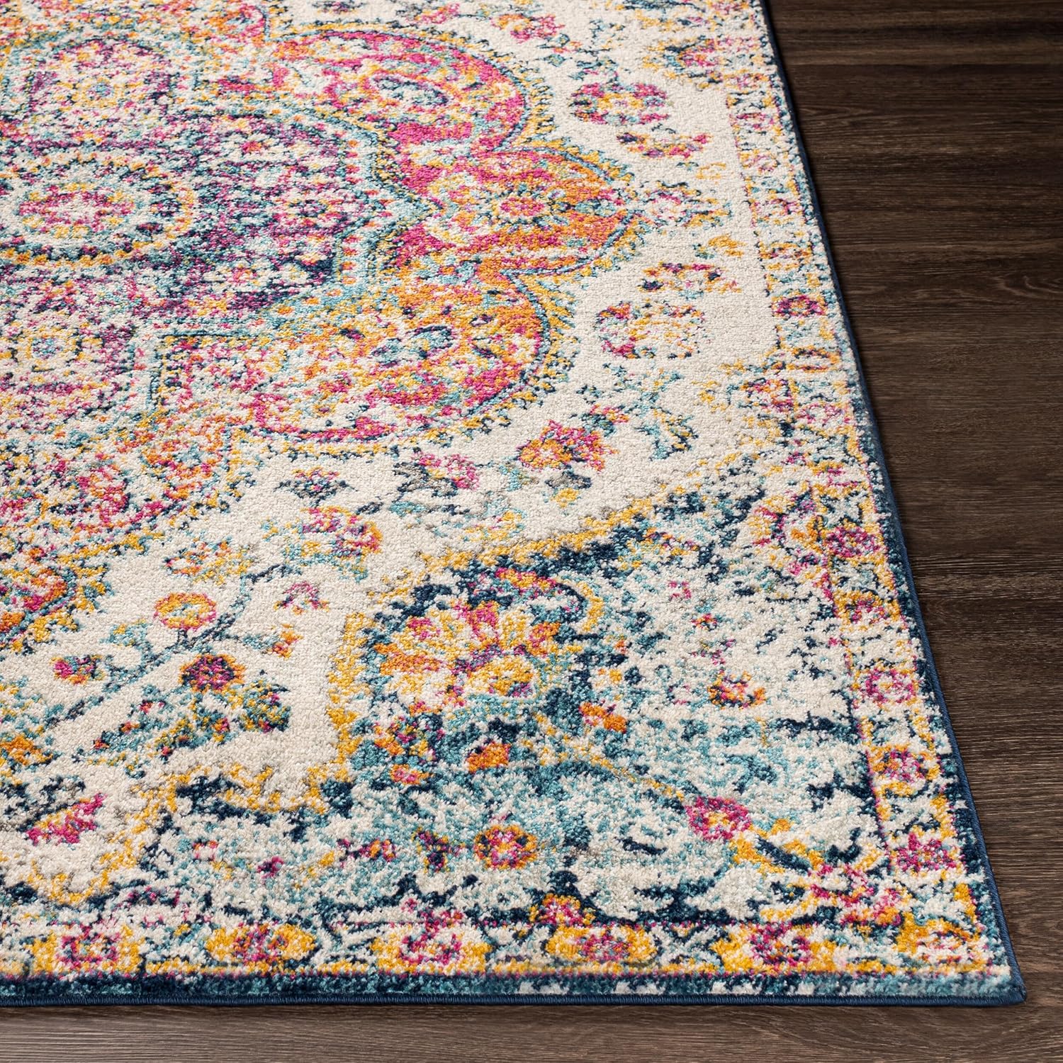 Livabliss Area Rugs - 8x10 Romaine Vintage Boho Fuchsia Mustard Blue Area Rug for Living Room Bedroom - Floral Medallion Stain Resistant Carpet for Kitchen, Nursery, Office (7'10" x 10'3")
