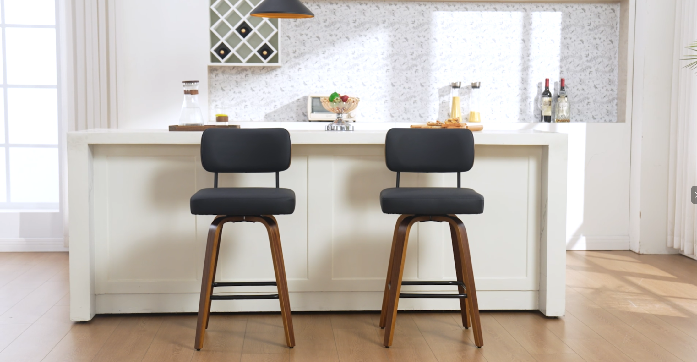 Butacos VipDesk de altura para barra, set de 2 unidades, tapizados en cuero sintético, con respaldo y patas de madera de nogal, estilo moderno - Blanco miniatura 7