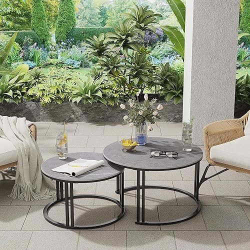 Miniatura 7 de Wisfor Mesa auxiliar redonda anidada juego de 2 mesas auxiliares de piedra sinterizada gris con patas de metal de doble polo, 27.56 x 16.14 pulgadas