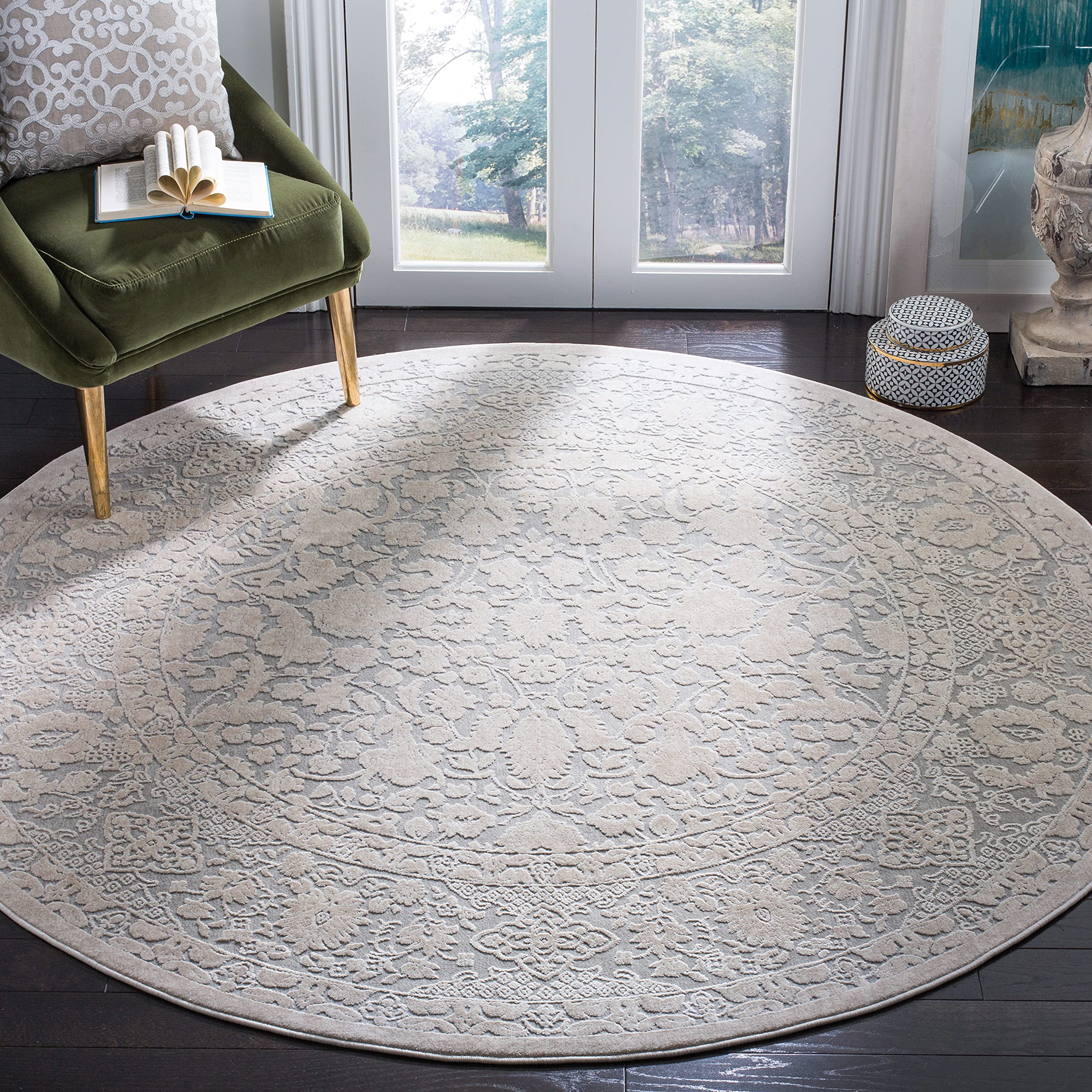 SAFAVIEH Reflection Collection Area Rug - 6'7" Round, Light Grey & Cream, Non-Shedding & Easy Cleaning, Ideal for Living Room, Bedroom (RFT667C)