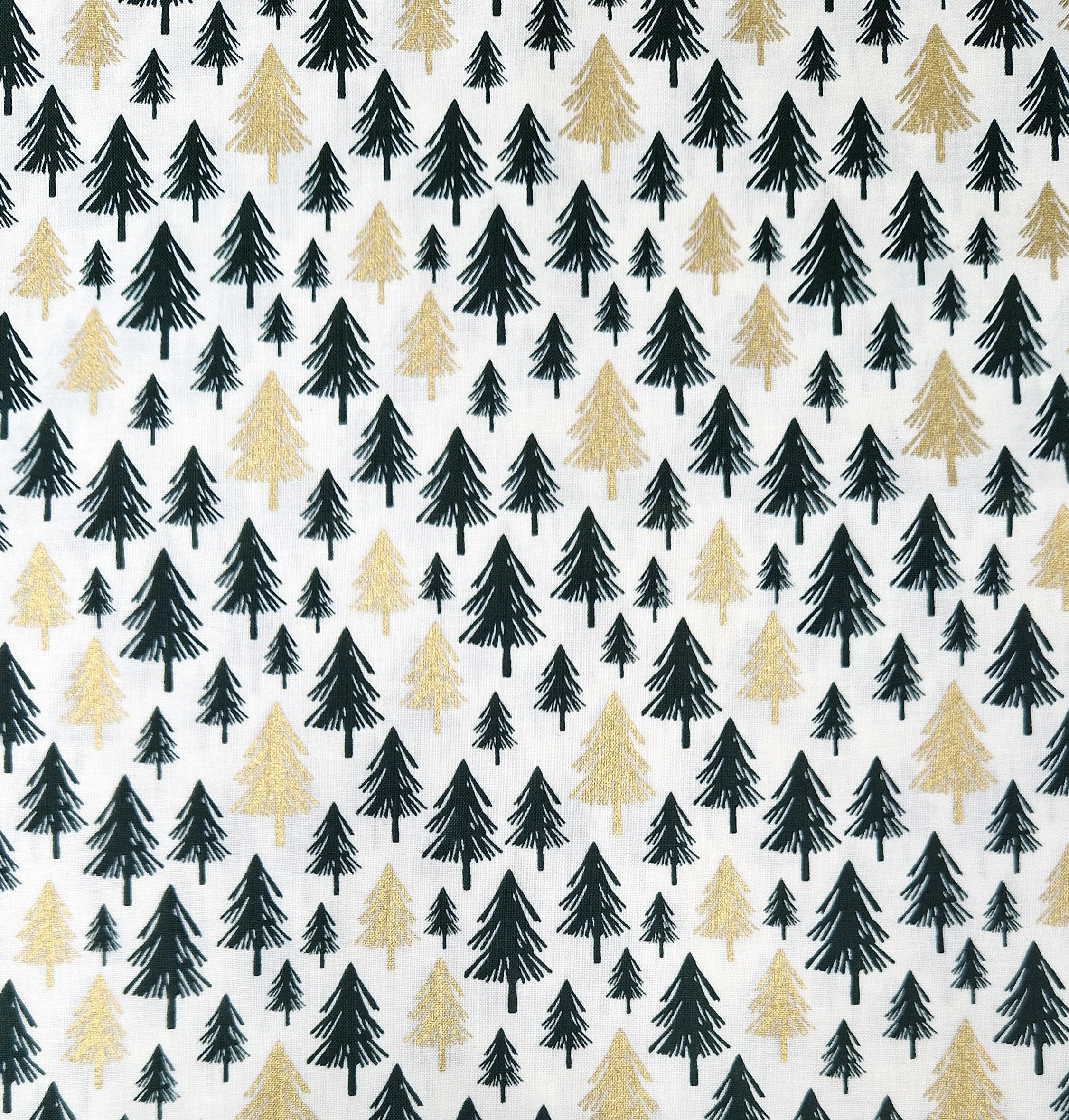 Oddies Green Christmas Fabric - Gold & Xmas Trees On Cream - Xmas Craft Fabric Material Metre
