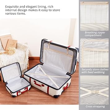 NZBZ 3-Piece Vintage PU Leather Luggage Set, Retro Trunk Suitcase with Spinner Wheels, TSA Lock & 14 Beauty Case, Cute Carry On for Women (14/20/28 Inch)