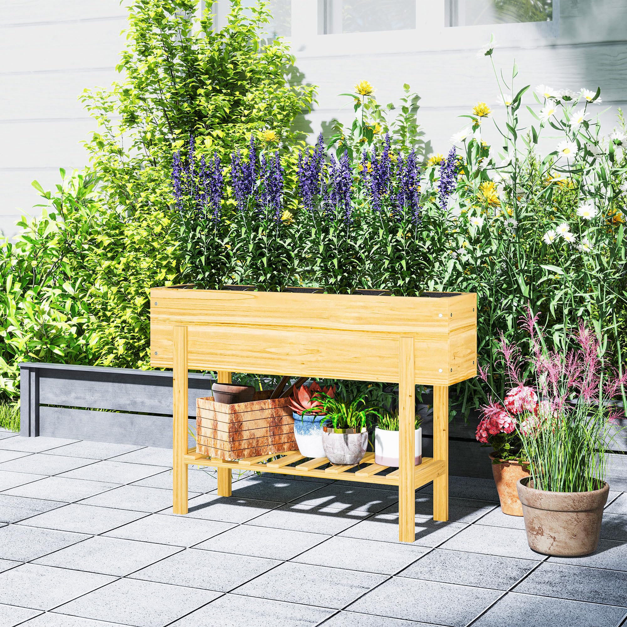 Outsunny Jardinière sur Pieds Potager 100 x 30 x 70,5 cm Bois Naturel | Carré Potager De Jardin Sur Pieds, 2 Trous De Drainage, En Bois, pour Fleurs Herbes Légumes