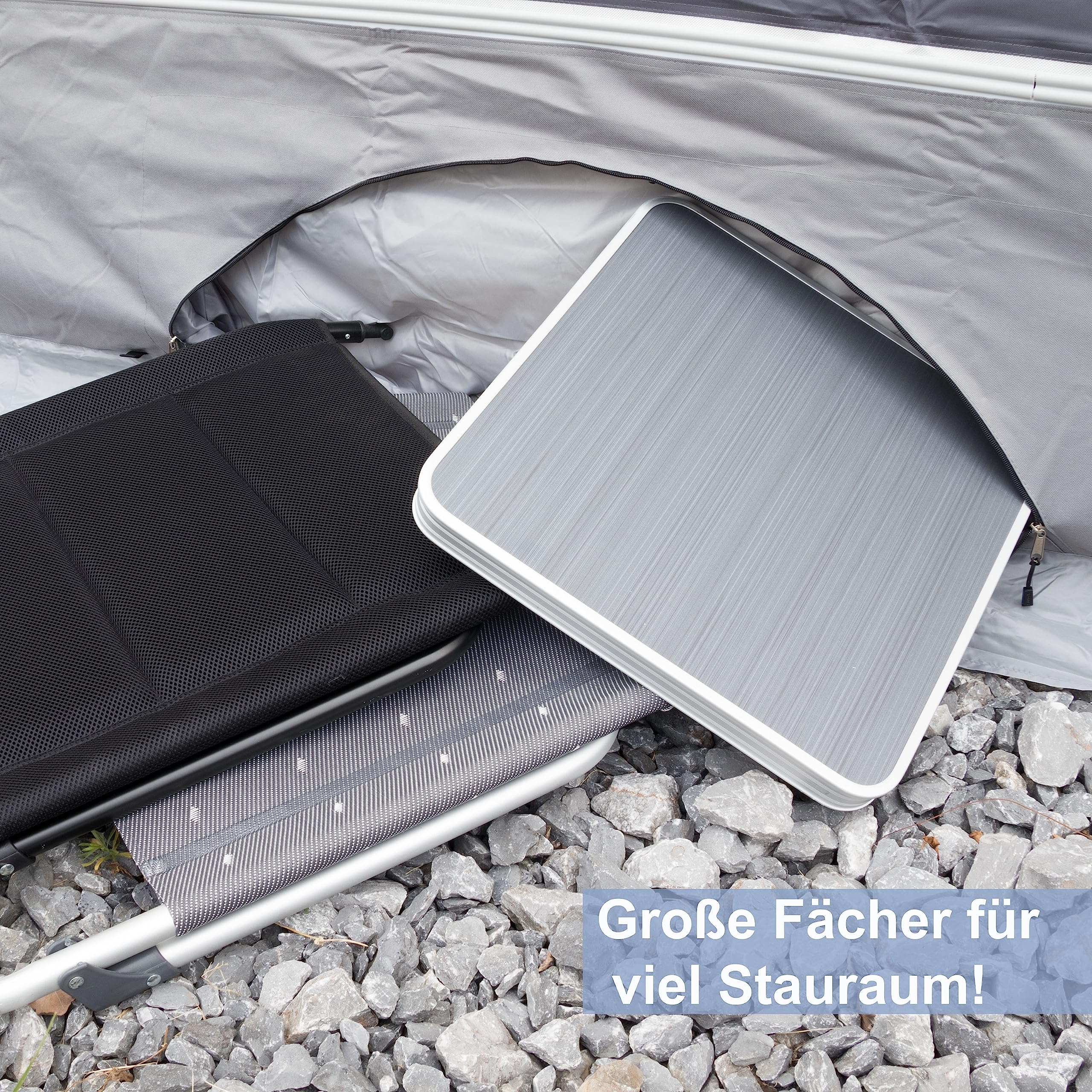 Bodenschürze Wohnwagenschürze 580x50 cm - Grau - mit 2 großen Aufbewahrungstaschen 95x85x30cm - Windschutz für Vorzelt Windblende Wagenschürze Camping Zubehör
