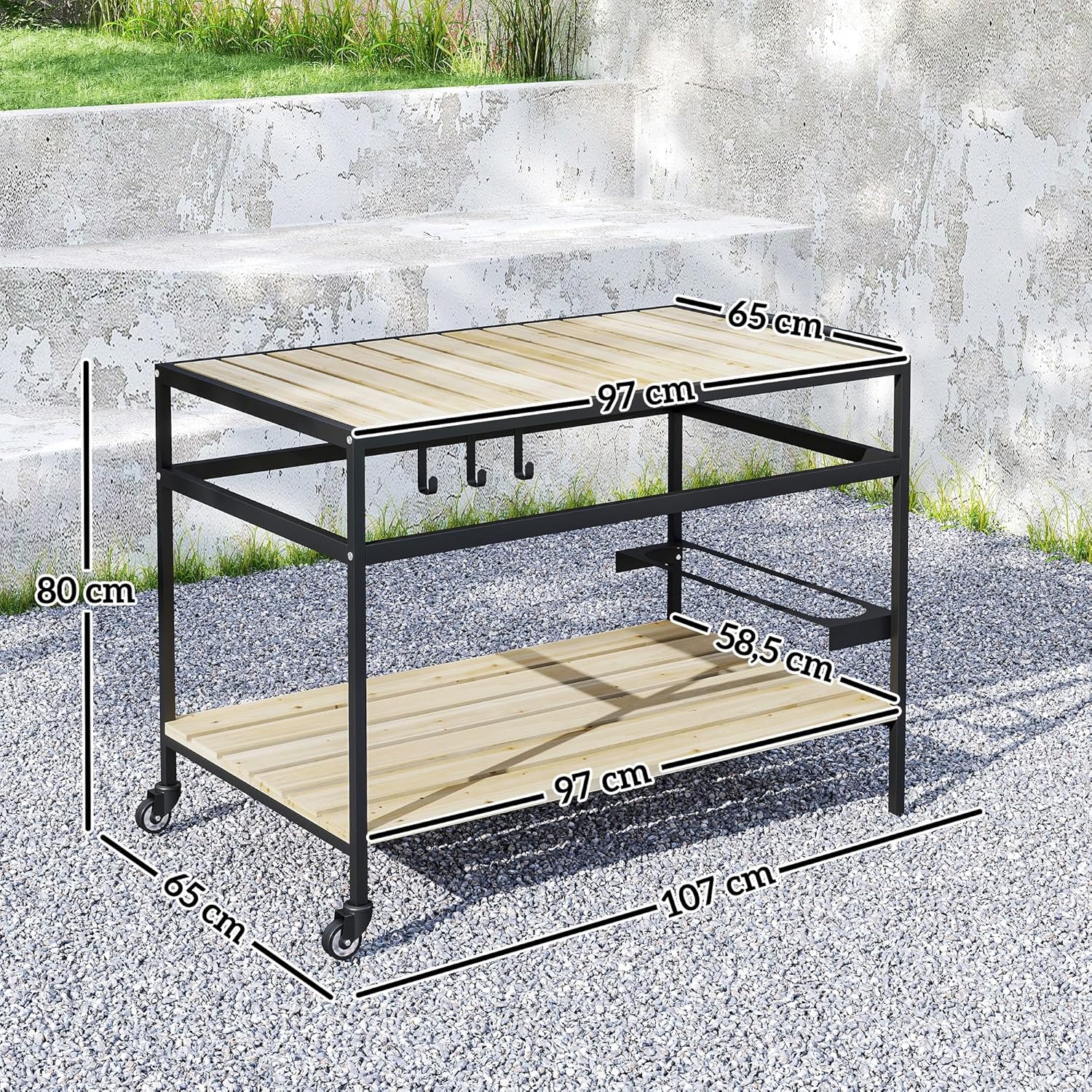 Detailed diagram showing the dimensions of the Outsunny serving cart: 107 cm length, 65 cm width, 80 cm height. Also shows shelf dimensions.